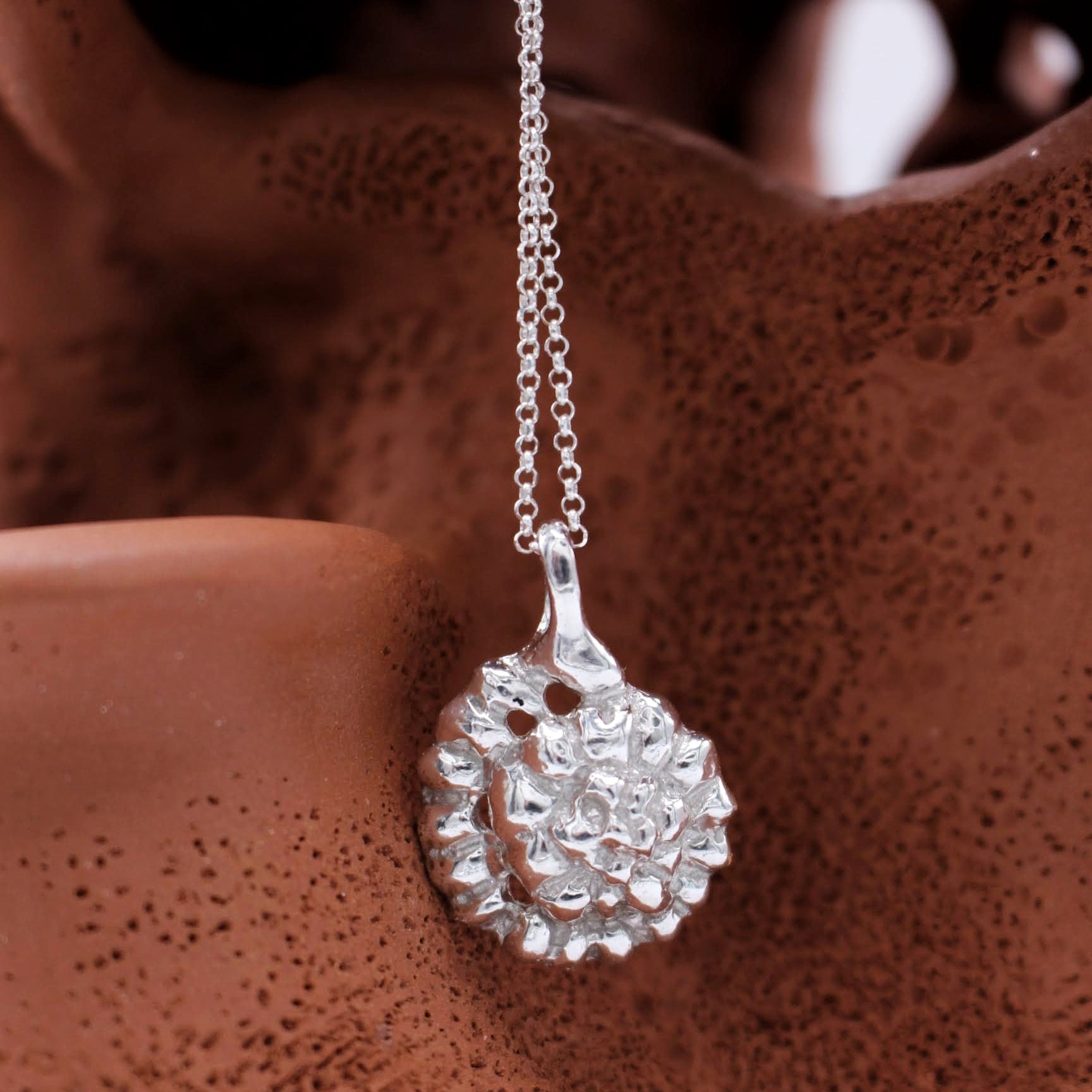 Silver pendant necklace on a textured brown surface