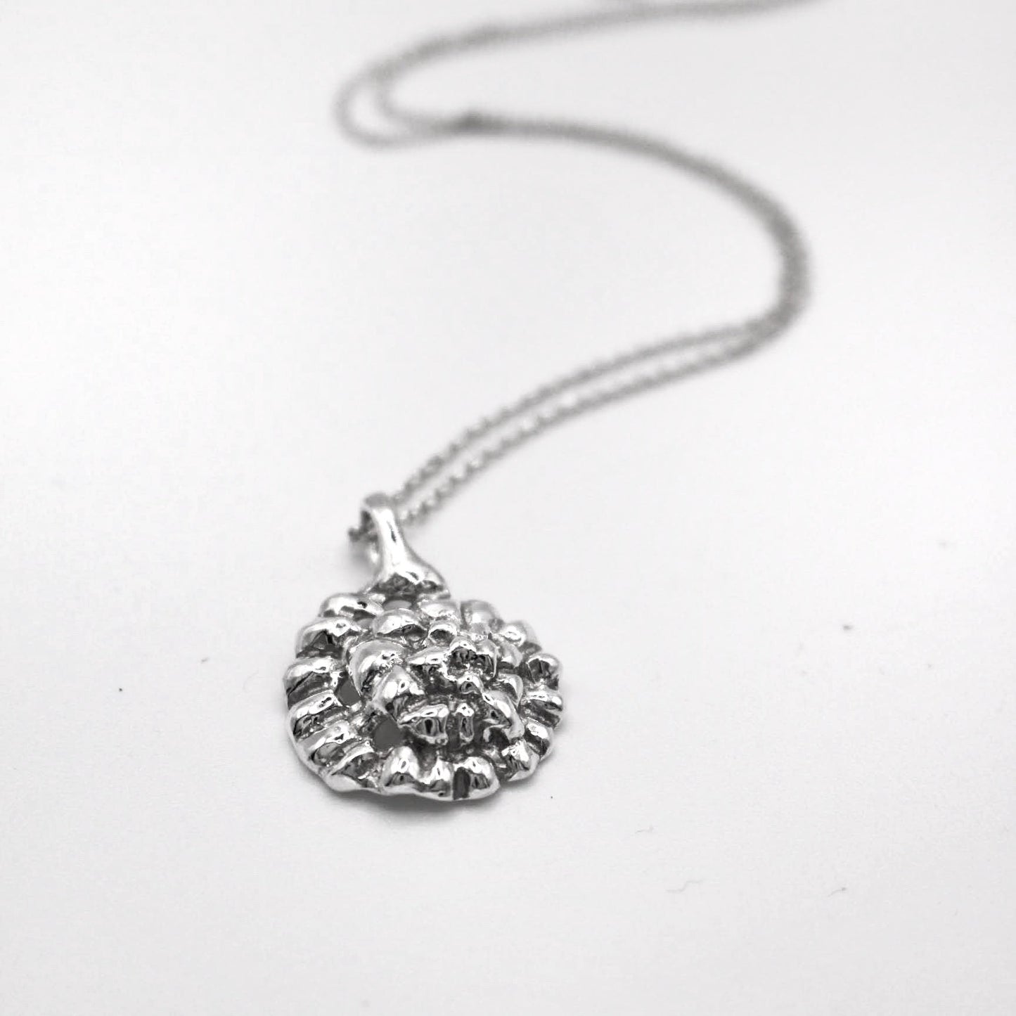 Silver necklace with a textured pendant on a white background