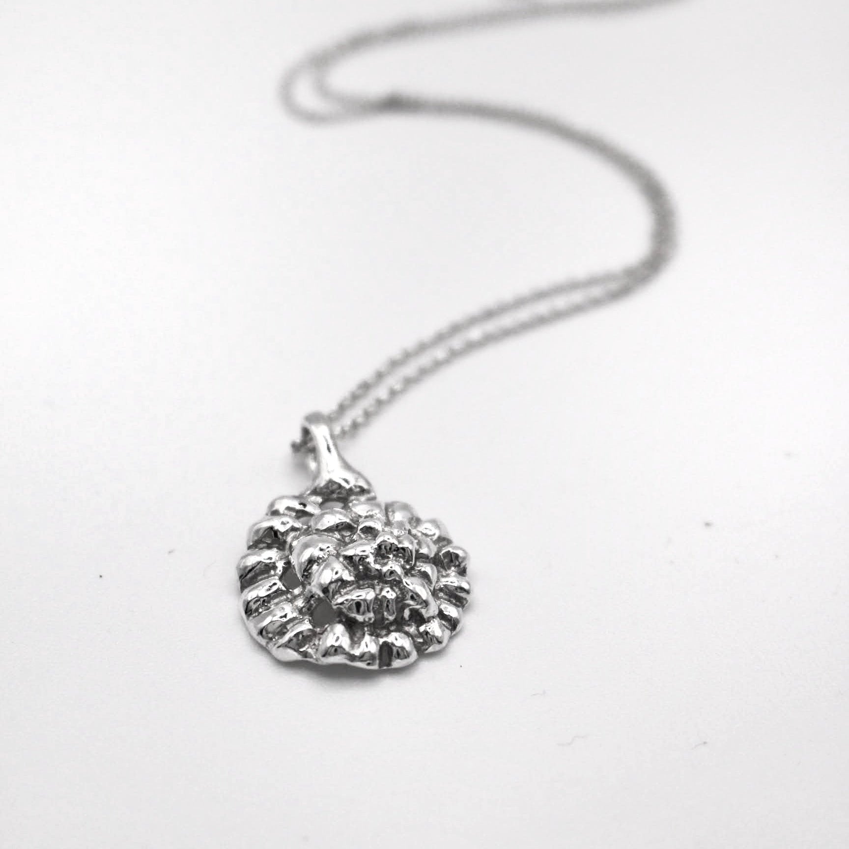 Silver necklace with a textured pendant on a white background