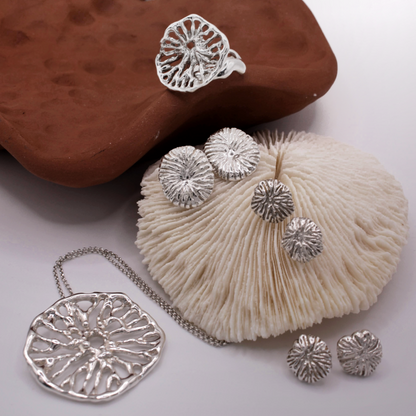 Silver jewelry set including a necklace, ring, and earrings on a white background with a brown and beige stone.