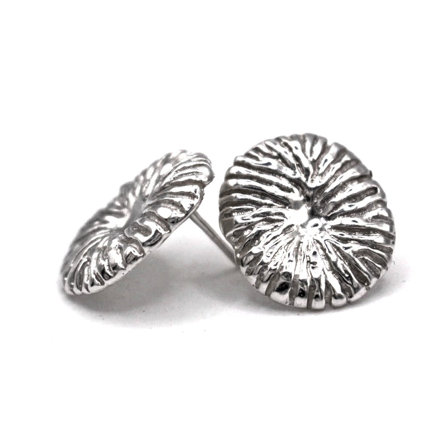 Organic coral stud earrings in sterling silver textured Mediterranean inspired handmade jewelry