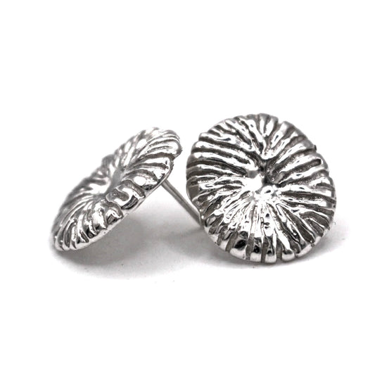 Organic coral stud earrings in sterling silver textured Mediterranean inspired handmade jewelry